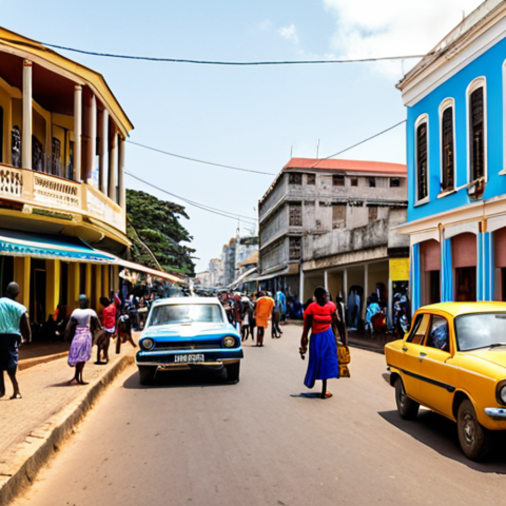 **Vibrant Maputo street scene:** A bustling street in Maputo, Mozambique, showcasing colorful colonial architecture. Capture the lively atmosphere with people strolling, vendors selling goods, and vintage cars parked along the road. The focus should be on the bright, eye-catching building facades painted in various shades.