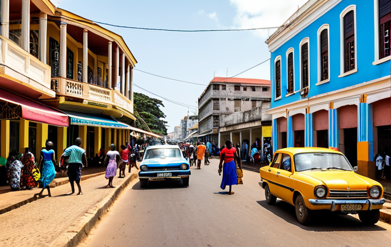 **Vibrant Maputo street scene:** A bustling street in Maputo, Mozambique, showcasing colorful colonial architecture. Capture the lively atmosphere with people strolling, vendors selling goods, and vintage cars parked along the road. The focus should be on the bright, eye-catching building facades painted in various shades.