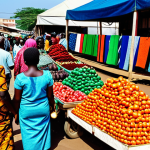 Vibrant Market Scene**

"A bustling marketplace in Mozambique, filled with colorful fabrics, fresh produce, and handcrafted goods. Vendors are displaying their wares, fully clothed in modest attire. People are haggling for prices amidst a lively atmosphere. Safe for work, appropriate content, family-friendly, perfect anatomy, natural proportions, professional photography, high quality."

**