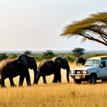 Gorongosa National Park Wildlife Photography**

"A wide shot of Gorongosa National Park in Mozambique, showcasing a diverse landscape of savannah and scattered trees at golden hour. A herd of elephants grazes peacefully in the foreground. Fully clothed tourists are observing from a safe distance in an open-top safari vehicle. Perfect anatomy, correct proportions, natural pose, well-formed hands, proper finger count, natural body proportions, safe for work, appropriate content, fully clothed, professional wildlife photography, high quality, family-friendly."

**