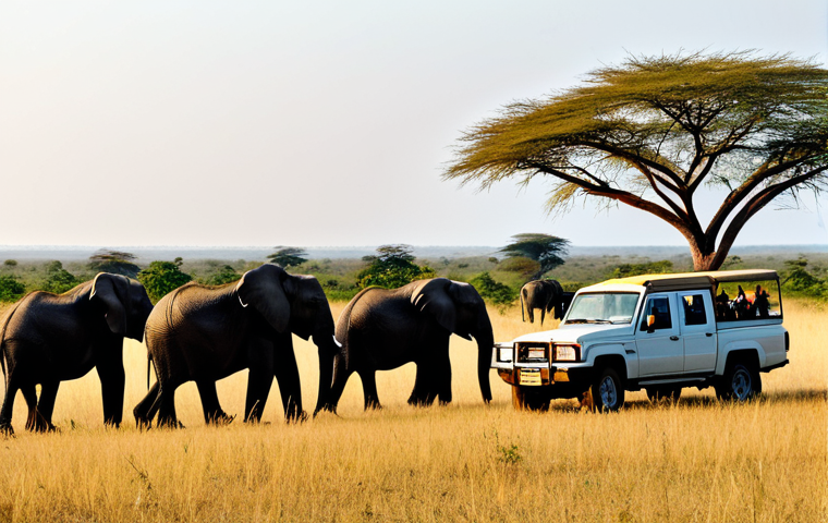 Gorongosa National Park Wildlife Photography**
"A wide shot of Gorongosa National Park in Mozambique, showcasing a diverse landscape of savannah and scattered trees at golden hour. A herd of elephants grazes peacefully in the foreground. Fully clothed tourists are observing from a safe distance in an open-top safari vehicle. Perfect anatomy, correct proportions, natural pose, well-formed hands, proper finger count, natural body proportions, safe for work, appropriate content, fully clothed, professional wildlife photography, high quality, family-friendly."
**
